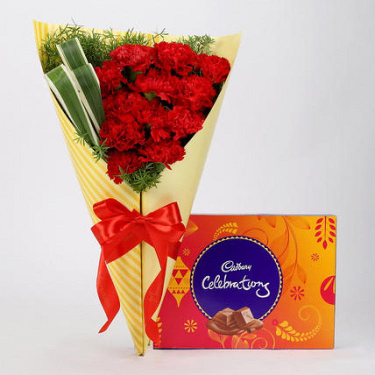 12 Red Carnations & Celebrations Box